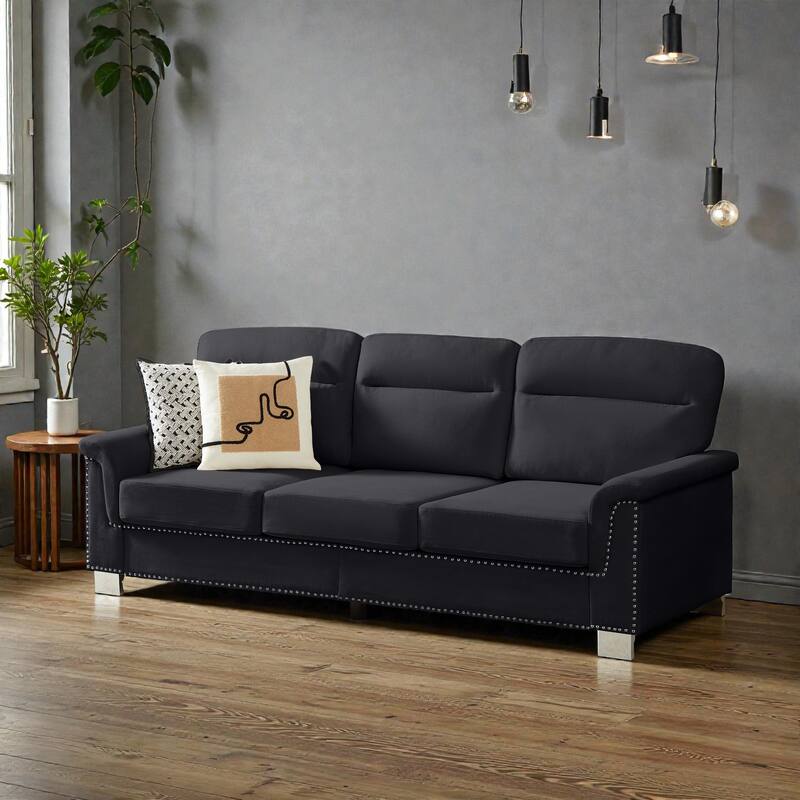 82 Inch Modern 3 Seater Sofa with Snowfleece Fabric, Compressed Upholstered Couch for Living Room Bedroom - Black