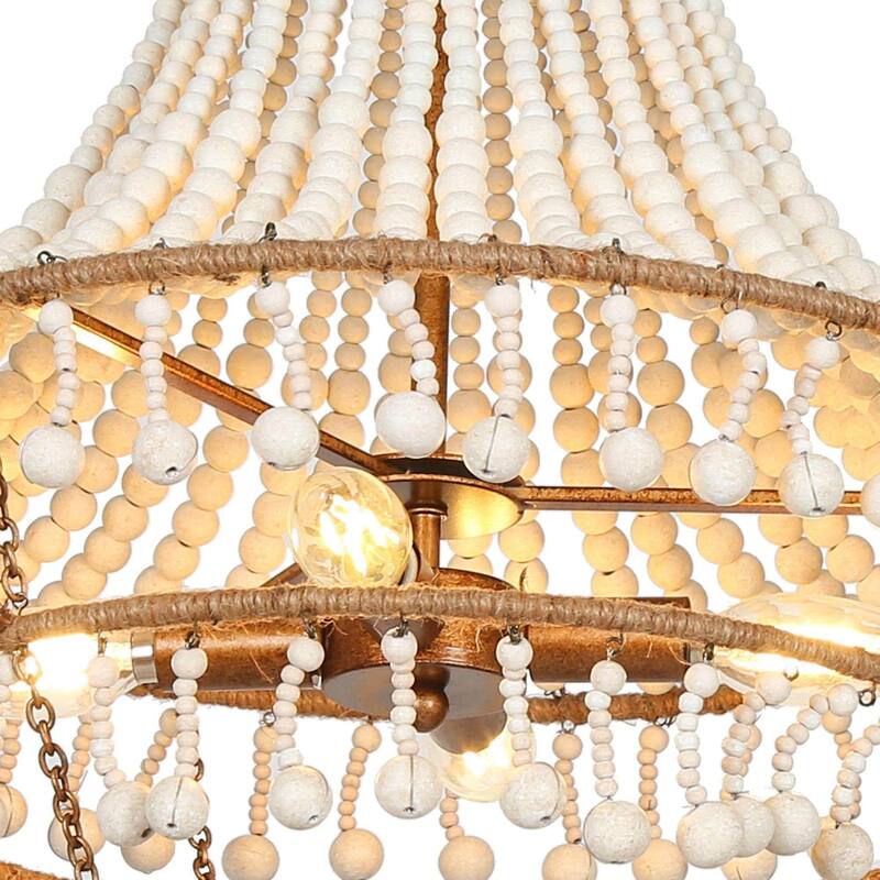 Renia Modern Farmhouse Rustic Costal Lantern Wood Beaded Chandelier 4-light Tiered Ceiling Light - 17" W x 85" H