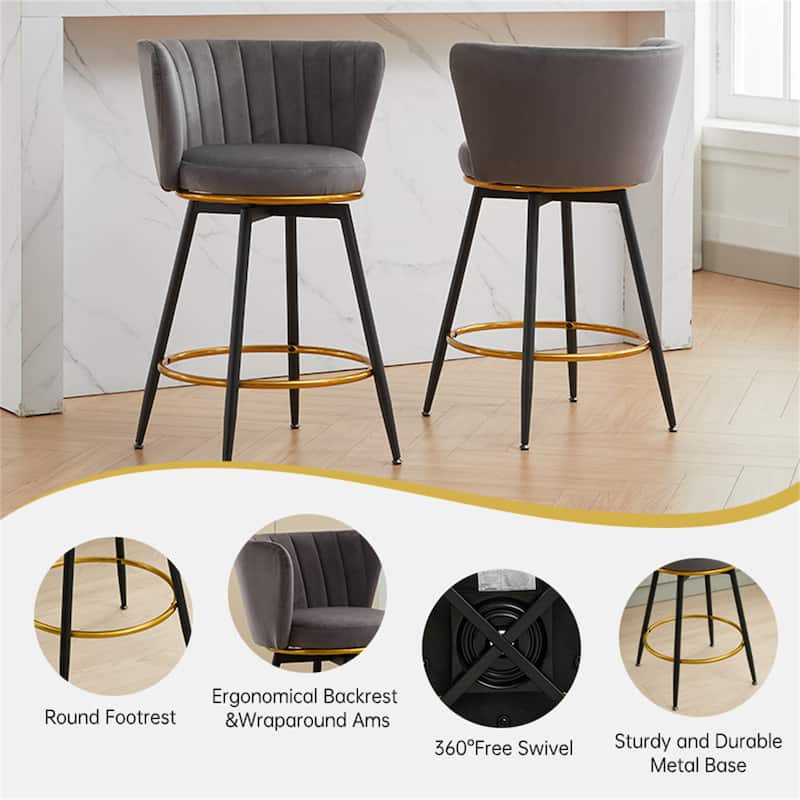 Counter Height Bar Stools Set of 2, 360° Swivel Upholstered Barstools with Backs and Metal Legs.