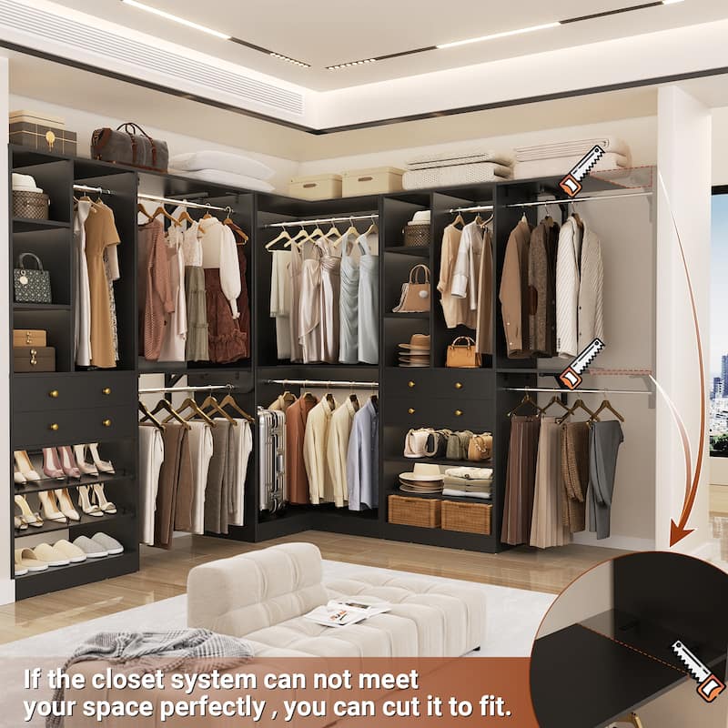 Rackcog Freestanding Corner Closet System Set, Closet Organizer with Hanging Rods and Drawers