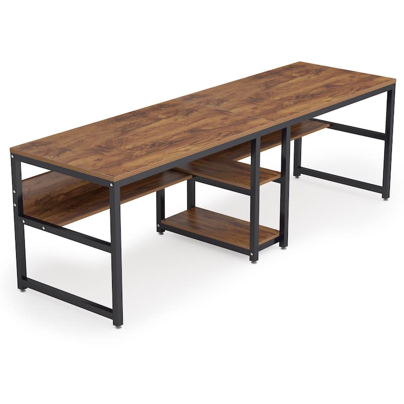 78.7" Double Desk for Two Person with Bookshelves, Rustic Brown Industrial 2-Person Computer Workstation with Storage Shelves