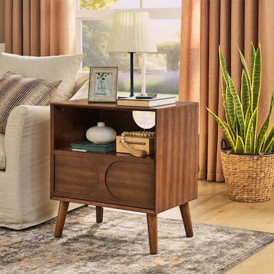 Elegant Fluted Nightstand with Charging Station,USB Ports,and Open Storage,Wood Legs