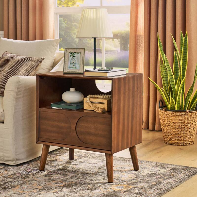 Mid Century Modern Fluted Nightstand with Charging Station,Open Space and Drawer
