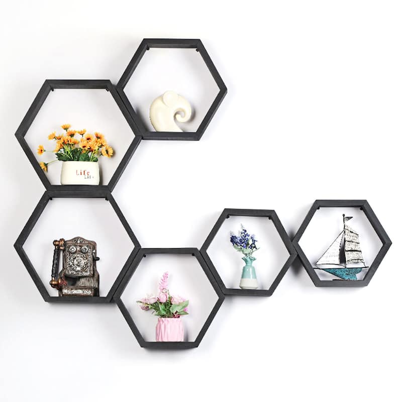 Set of 6 Wooden Hexagon Rustic Floating Shelves in Deep Natural Wood - Black