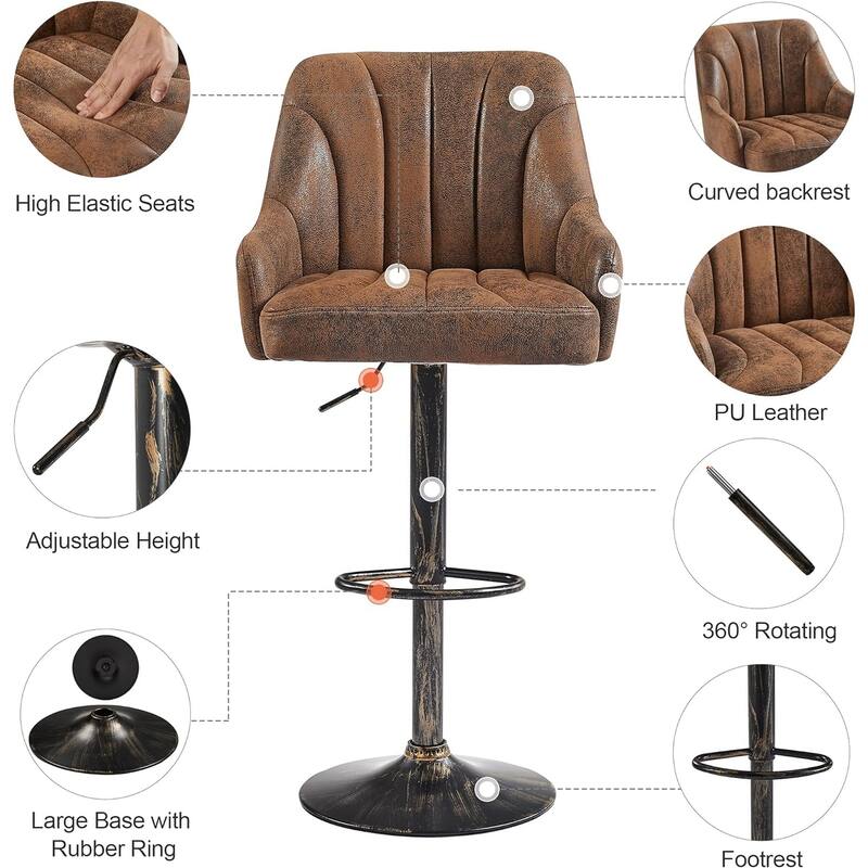 VECELO Set of 2 Adjustable Height Barstool with Footrest and Back Upholstered Bar or Counter Height Stool and Parts