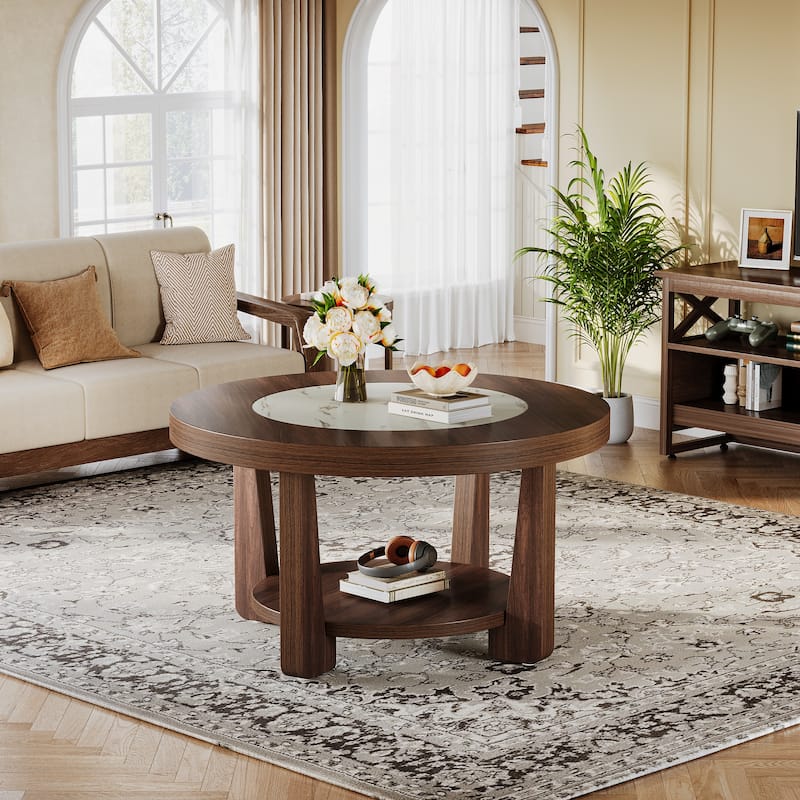 Brown/ White Wood Round 2-Tier Coffee Table for Living Room