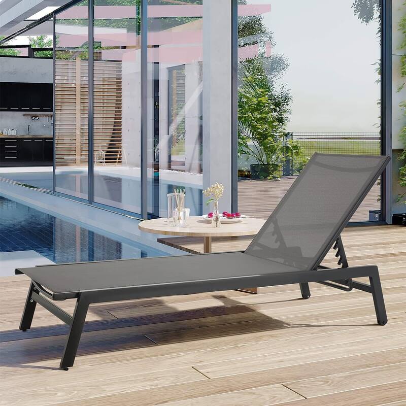 Erommy Outdoor Chaise Lounge, Aluminum Patio Lounge Chair with Wheels, All-Weather Five-Position Adjustable Reclining Chair