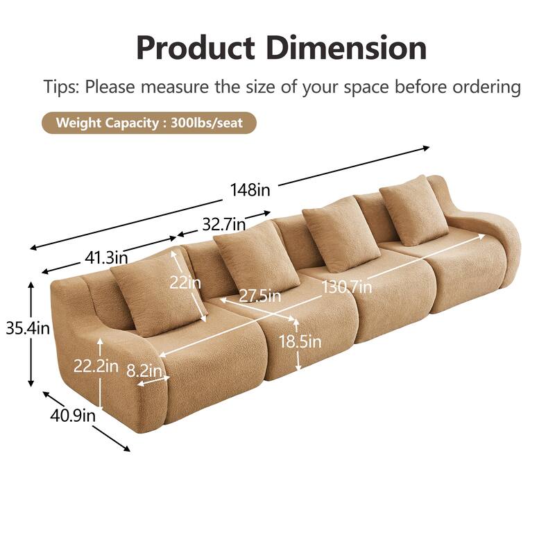 Roomfitters 4-Seat Teddy Fabric Boneless Sofa, No Assembly Modular Couch with 32D Sponge
