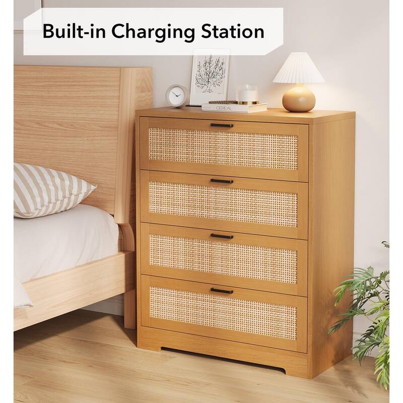 4/5 Drawer Rattan Dresser for Bedroom, Wood Dresser Chest of Drawers with Power Outlets