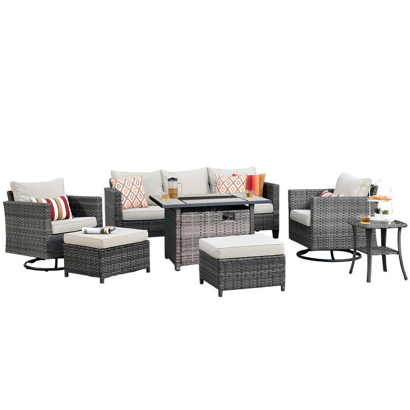 OVIOS 7-piece Wicker Sectional Sofa Swivel Rocking Chair Set With Fire Pit