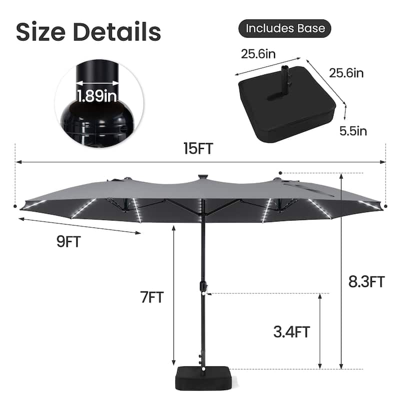 Crestlive Products 15ft Rectangular Double-sided Outdoor Market Umbrella Solar LED Lighted Patio Umbrella