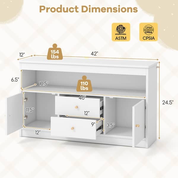 dimension image slide 1 of 3, Kids Toy Storage Organizer with Open Shelf and 2 Drawers for Playroom - 42" x 12" x 24.5"