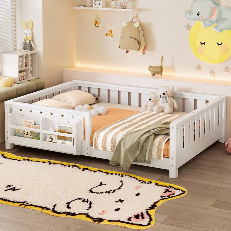 Montessori Floor Bed Low Profile Kids Bed with Rails & Bookshelf - White - Full