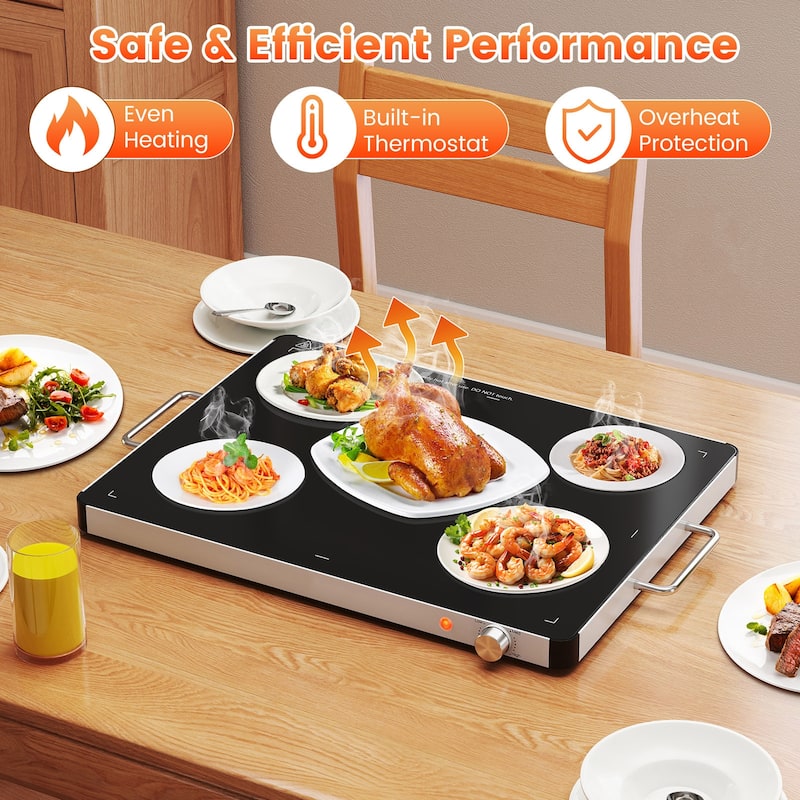 Black Tempered Glass Galvanized Steel Electric Warming Tray with 3 Temp Settings - 24" x 16.5" x 1.5"