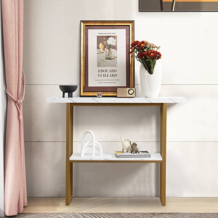 48 Inch 2-Tier Console Table with Gold Finished Frame-White - 48" x 11.5" x 36.5" (L x W x H)