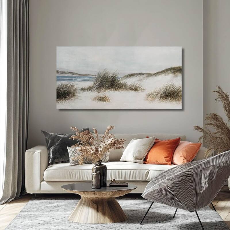 Beige Seaside Wall Decor Canvas Painting Weed Ocean Artwork