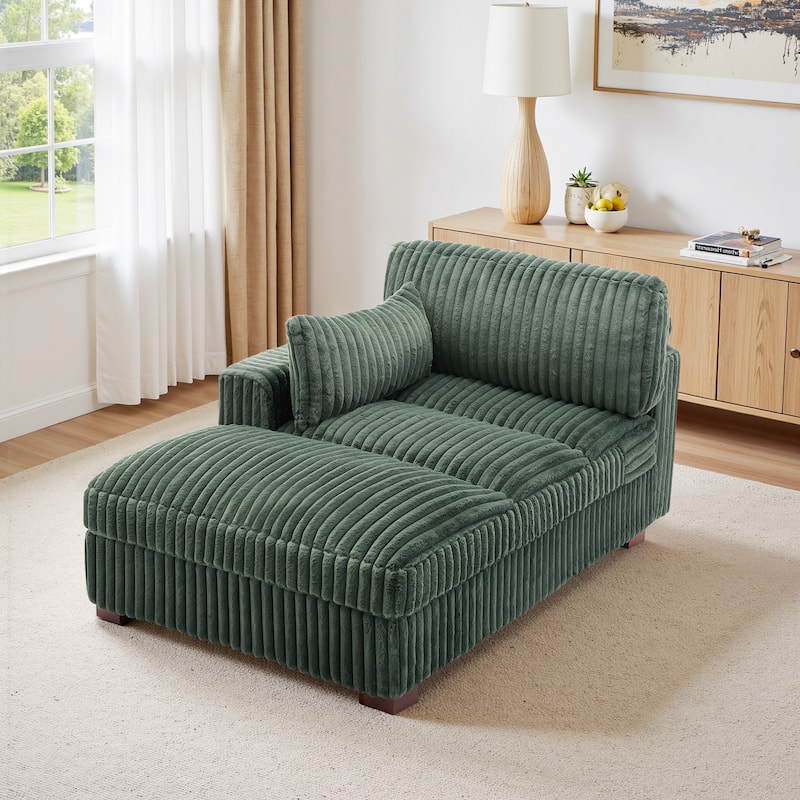 41" W Plush Corduroy Chaise Lounge with Pillows - Left Facing - Green-Chaise