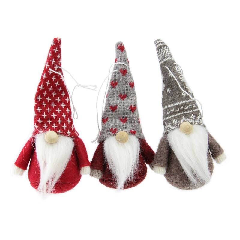 Santa Gnome Christmas Ornaments - 4.5" - Red and Brown - Set of 3