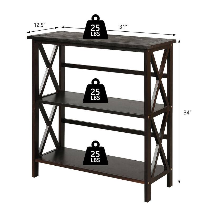 3-Tier Wooden Open Shelf Bookcase - 31" x 12.5" x34" (L x W x H)
