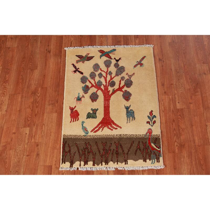 Animals Pictorial Kazak Oriental Foyer Rug Hand-Knotted Wool Carpet - 2'0"x 3'0"