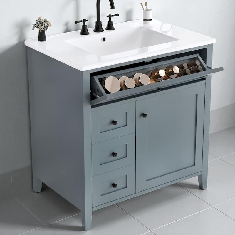 30-Inch Bathroom Vanity with Sink, MDF and Solid Wood Cabinet, 3 Drawers and Adjustable Shelf, Freestanding Design