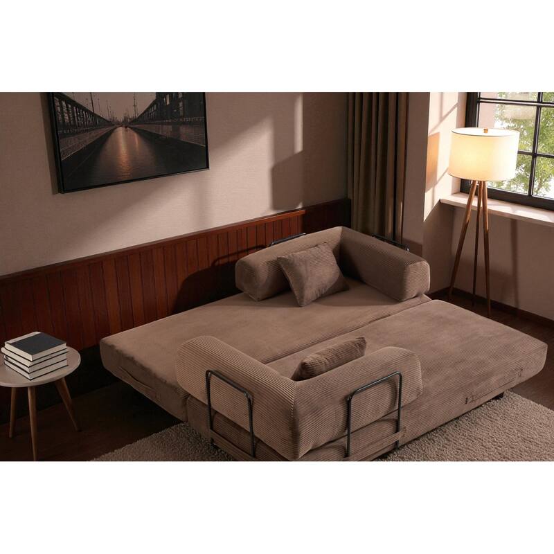 Convertible Corduroy Sleeper Sofa Bed, 4-in-1 Folding Mattress Couch with Cylindrical Pillow & Fixed-Shape Frame, No-Assembly