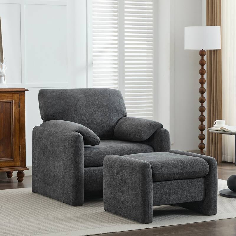 Chenille Single Sofa Chair & Ottoman Set