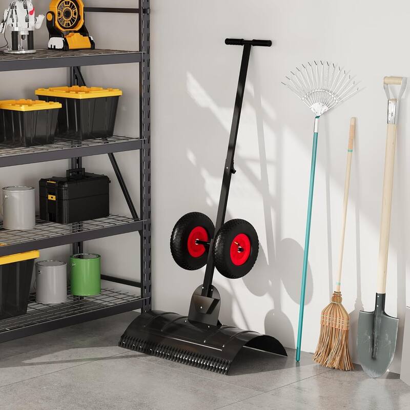 29* 16.54 in Heavy Duty Snow Shovel Pusher with Wheels for Driveways, Sidewalks & Courtyards