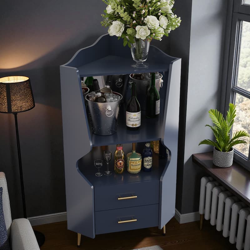 Modern Wooden Corner Bar Cabinet with Mirrored Back, 2 Drawers and Open Shelves, Buffet Sideboard for Dining or Living Room