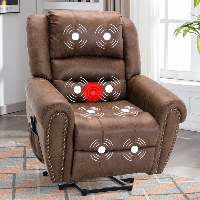 Breathable Rivet Power Lift Recliner Chair with Massage,Heat and USB Port - Nut Brown
