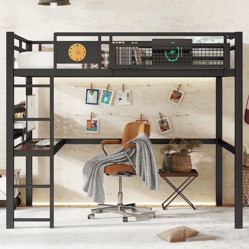 Metal Loft Bed with Desk & Storage Basket, Includes Alarm Clock & Charging Port, Queen/Full/Twin XL