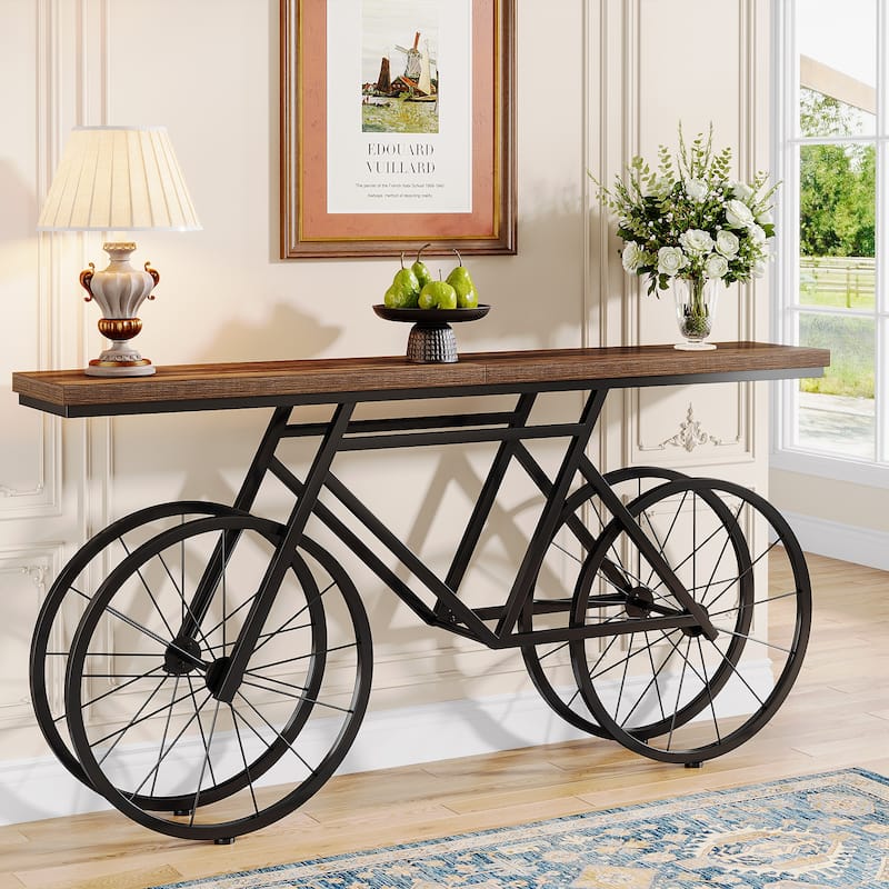 70.9-Inch Long Narrow Console Table with Metal Bicycle Base - Brown - 70.87" L x 11.81" W x 33.46" H