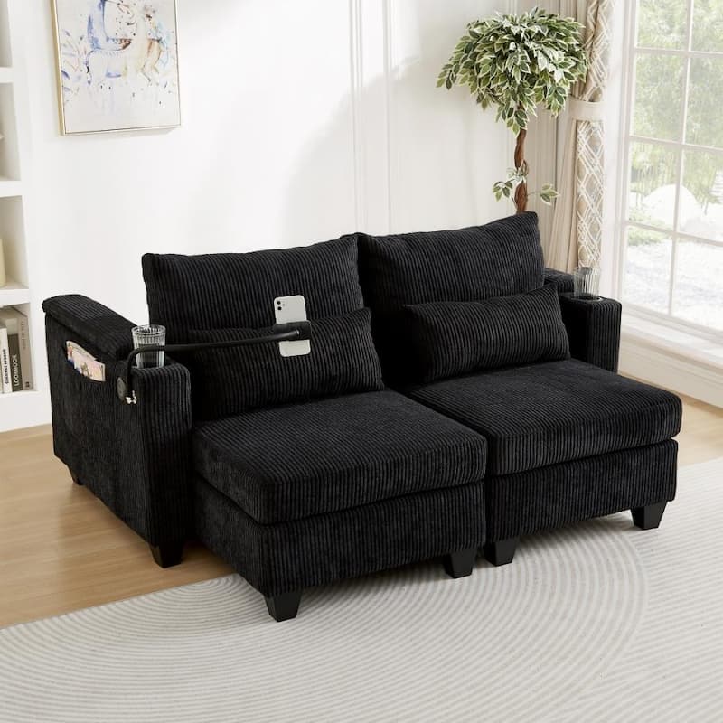 63" Corduroy Convertible Loveseat Sofa Bed with USB Ports, Two Cup Holders, A Phone Holder for Living Room - Black