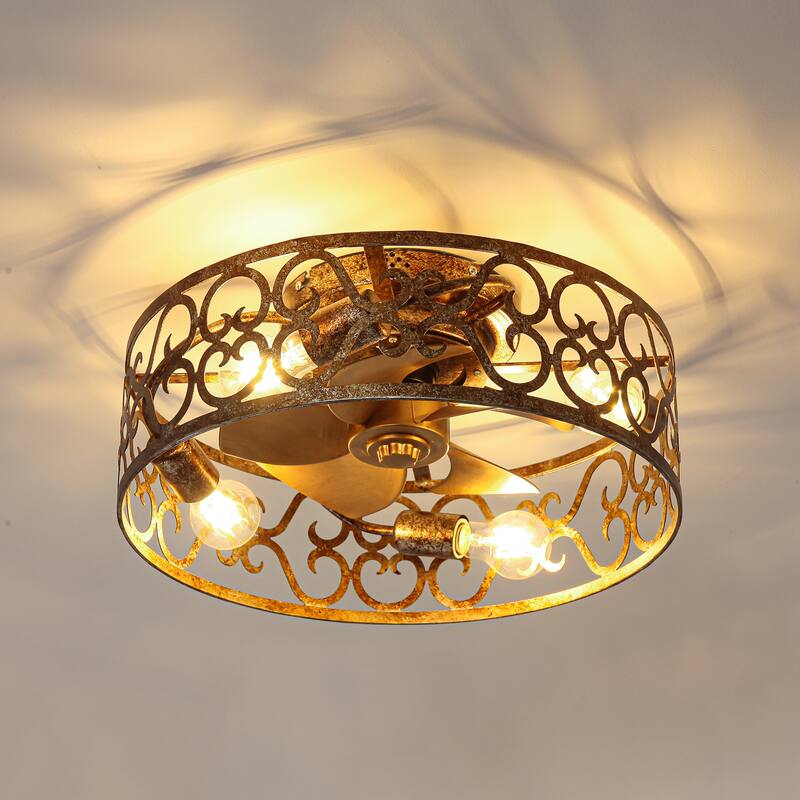 18-inch Rustic Gold Metal Caged Flush Low Profile Celing Fan with Remote and APP Control
