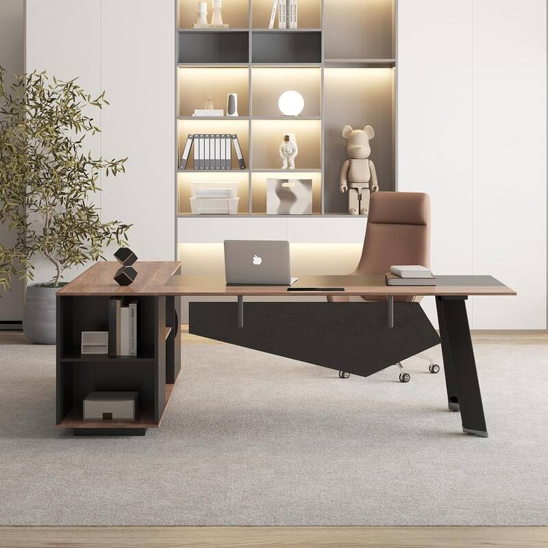 WESOME 63" Modern Executive Desk with 47" lateral File Cabinet, L-Shaped Desk with Storage Shelves and Doors