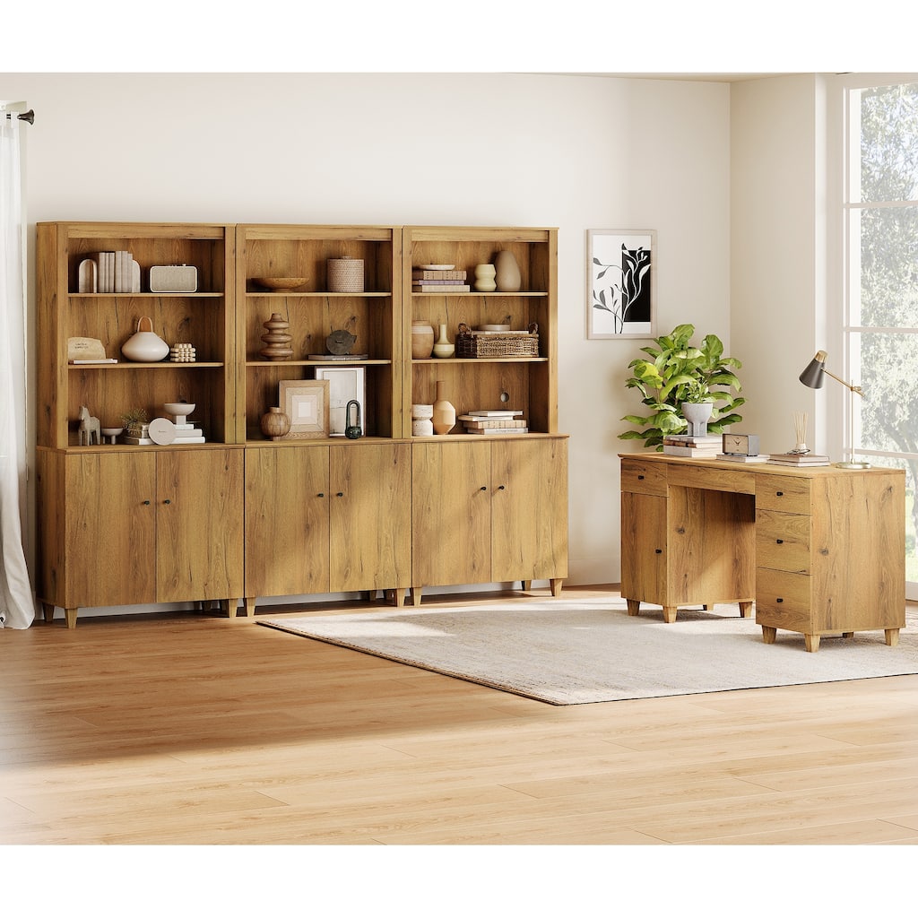 WAMPAT Home Office Furniture Set, 58" Executive Desk with Cabinet, 3-Column 71" Tall Bookcase with Doors and Adjustable Shelves