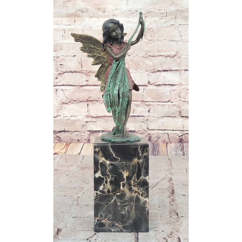 Bronze Fairy Holding Leaf Marble Base Signed By Artist Milo Mythical Figurine