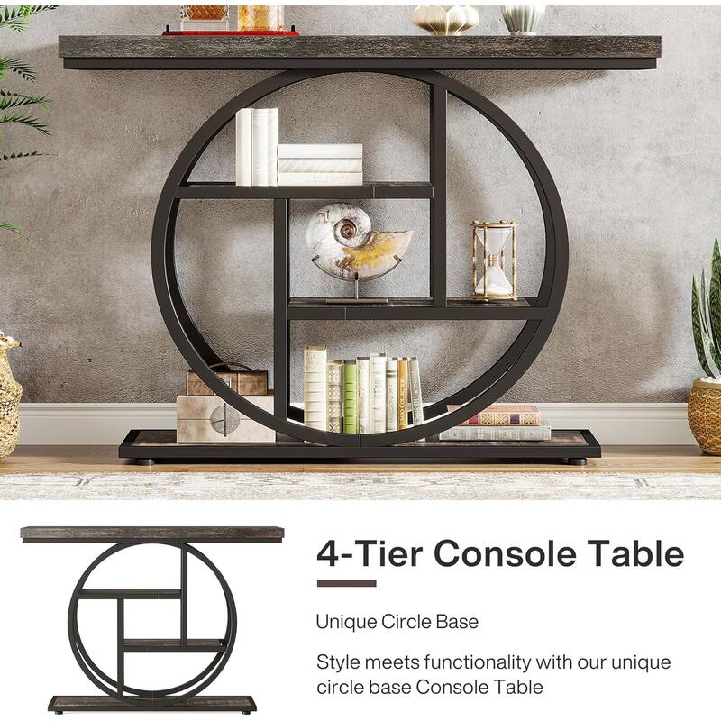41.3" Console Table, Industrial 4-Tier Entryway Table with Circle Base - 41.3" W x 11.8" D x 31.5" H