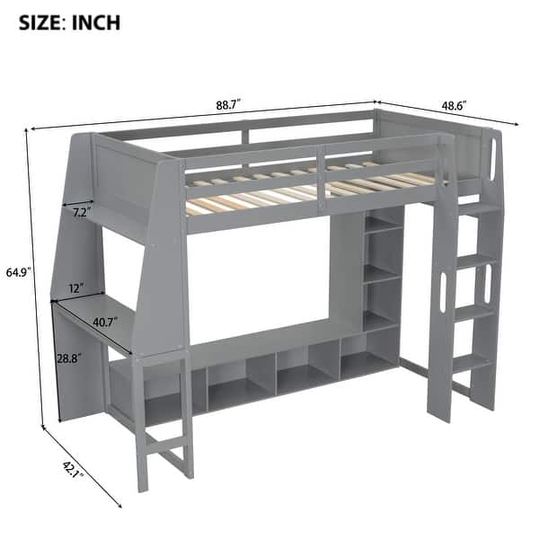 Wood Twin Size Gaming Loft Bed with Desk, Multi-storage Shelves, LED and a Hanging Clothes Rack, Gray