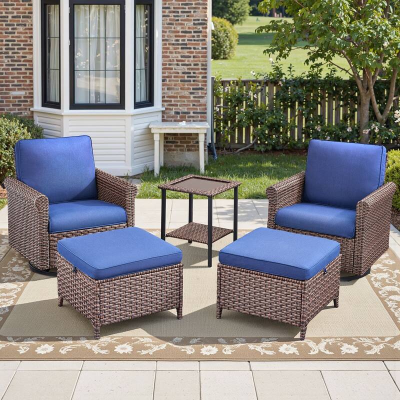 Pocassy Outdoor Sofa with Swivel Chairs Funiture Set - 5PCS Swivel Chairs Ottoman w/ Table - Brown Wicker Beige Cushion