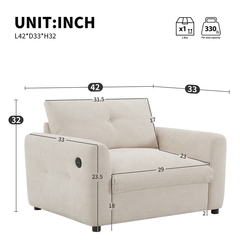 Chenille Single Sofa Armchair with Wide Seat, Dual-port Charger, Pull-line & Tufted Design