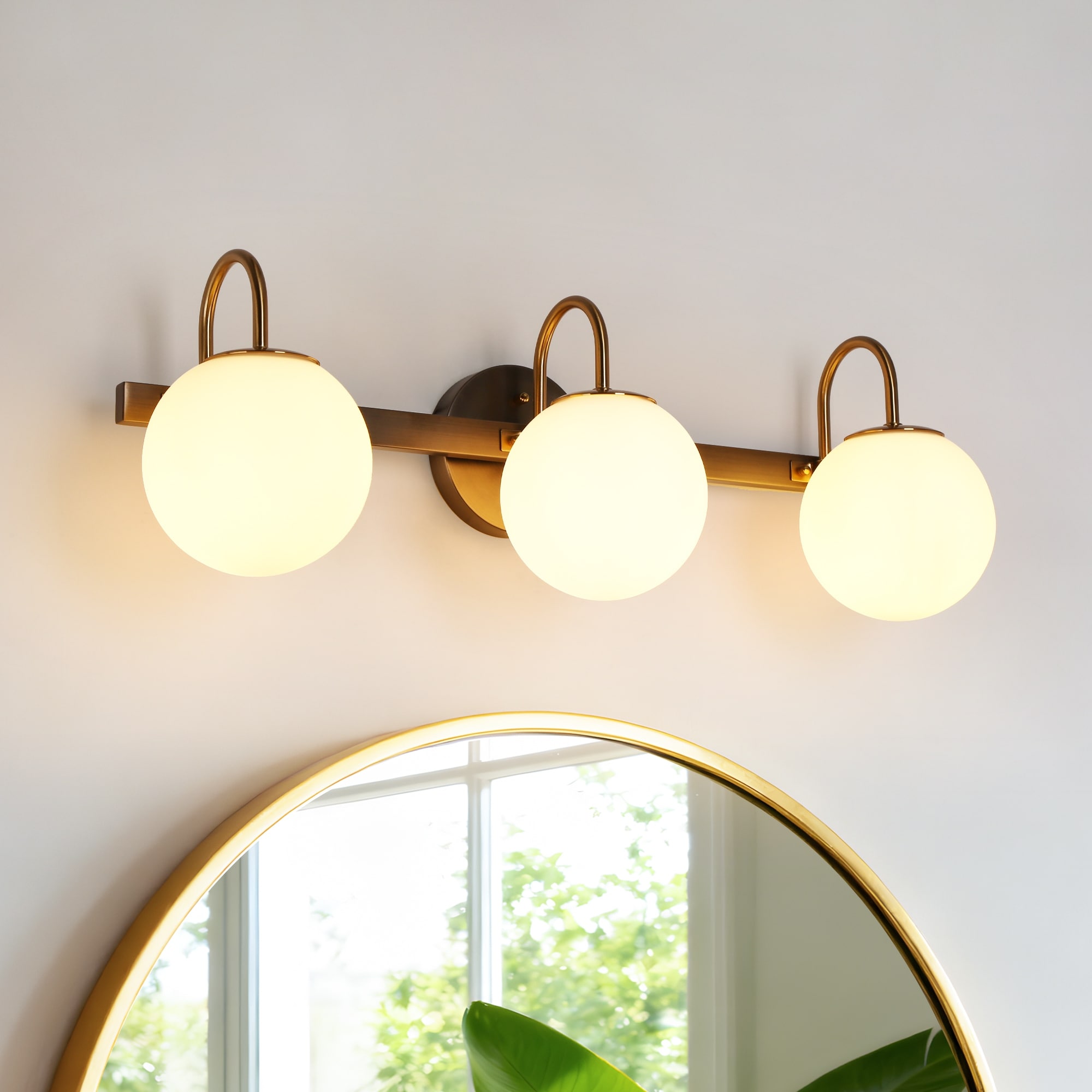 LALUZ Aladari Modern Gold 3-Light Bathroom Vanity Lights Opal Glass Wall Sconces