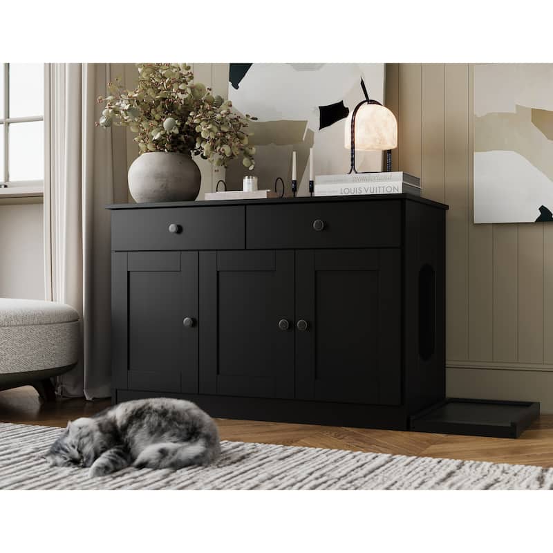 Palace Imports 100% Solid Wood Ziva 3-Door Cat Litter Box Enclosure with 2-Drawers and Litter Catch - Black