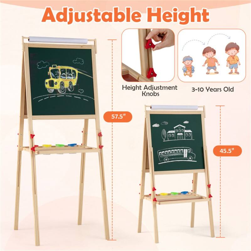3-in-1 Kids Art Easel with Magnetic Chalkboard Whiteboard Paper Roll Adjustable Height Storage Trays and Paint Cups