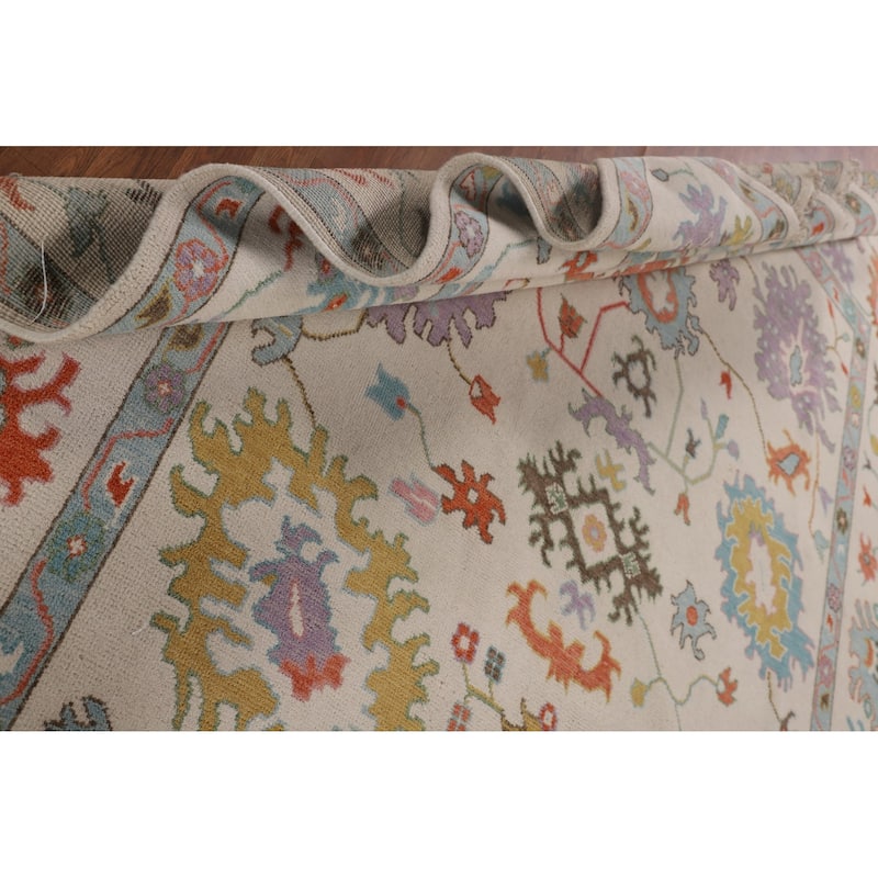 Beige Transitional Floral Oushak Area Rug Hand-Knotted Wool Carpet - 8'9" x 12'0"