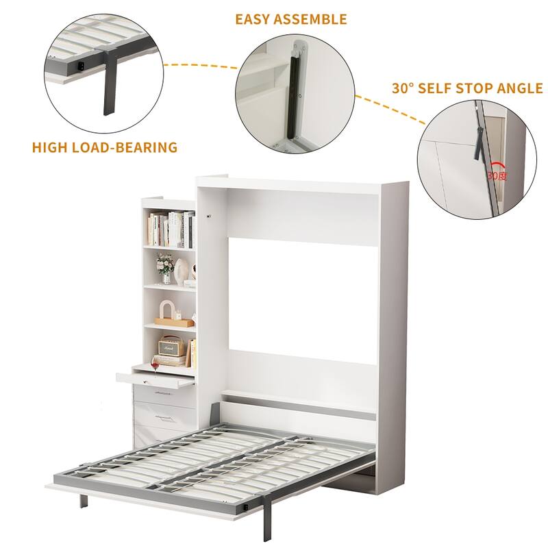 White Full-Size Murphy Bed with Integrated Shelves and Drawers - Gas Strut Mechanism
