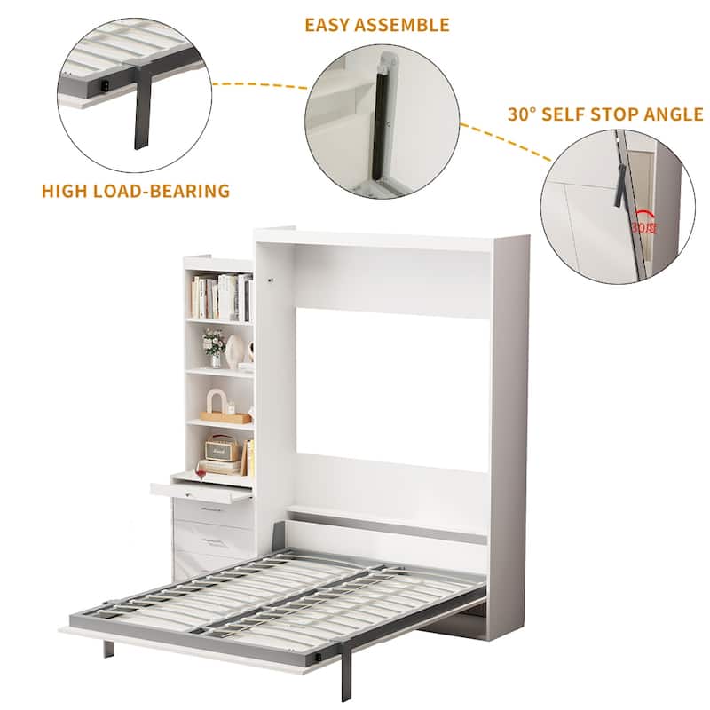 White Wall Bed, Twin Size Horizontal Murphy Bed with Storage Cabinet, Full Size Vertical Murphy Bed with Bookcase and Drawers