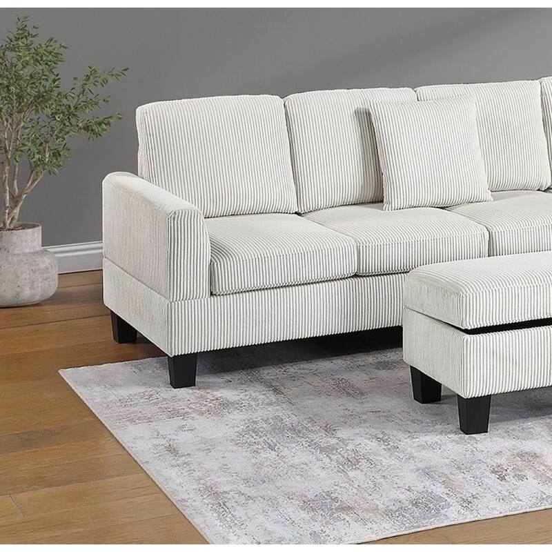3pc Sectional Set with Chaise, Sofa & Storage Ottoman, Beige Corduroy, Pillows Included