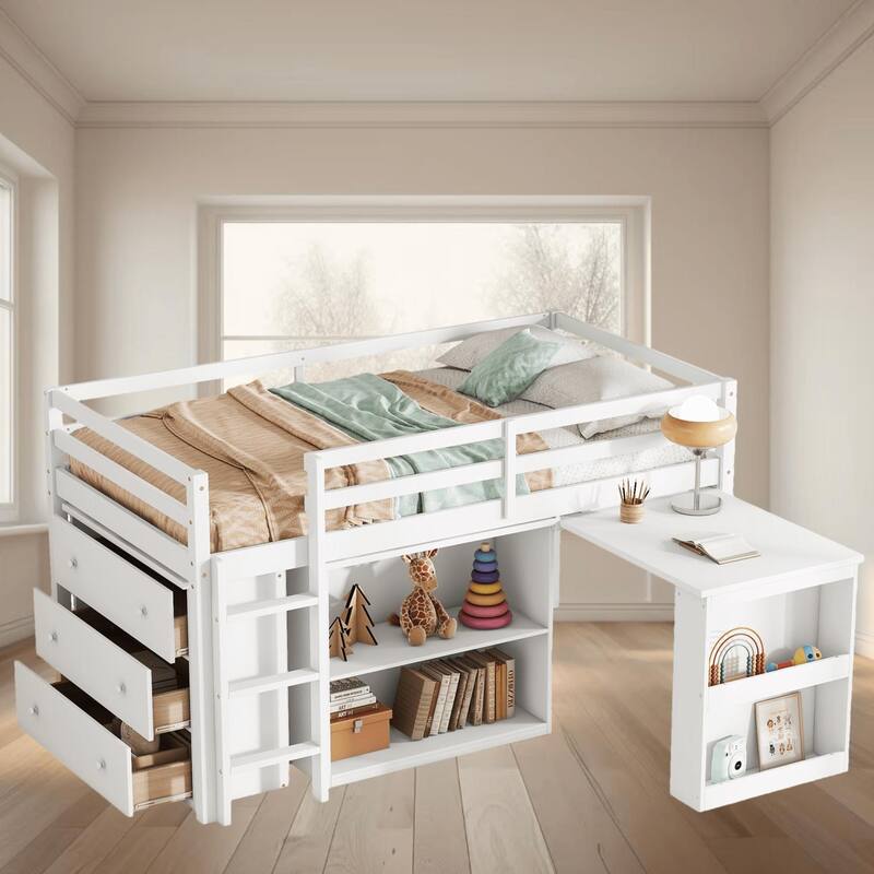 Twin Size Loft Bed Frame with Pull-out Desk, Drawer and Shelf Cabinets, Space-Saving with Safety Guardrail and Sturdy Ladder - White - Twin