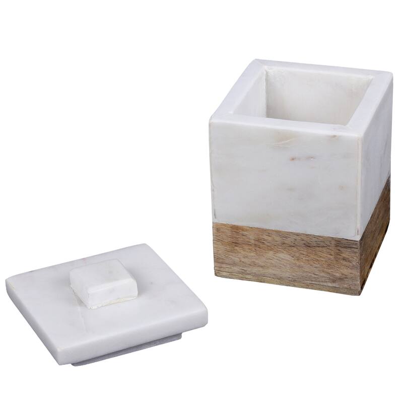 Creative Home Off-White Marble and Mango Wood Cotton Ball Swab Holder, Bathroom Storage Jar